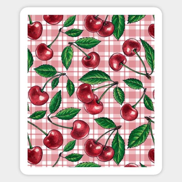 Red cherries on pink gingham Sticker by katerinamk